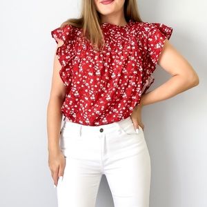 Red floral ruffle detail blouse top
